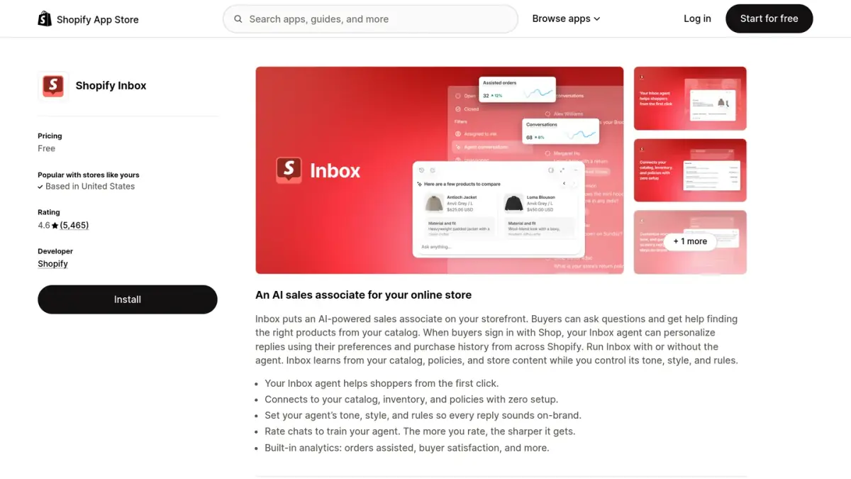 Shopify Inbox listing on the Shopify App Store, where Sidekick suggested replies live