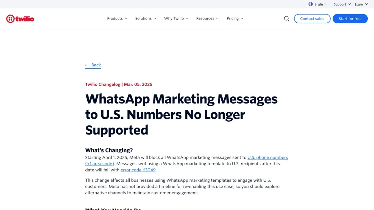 Twilio's changelog documenting Meta's pause of WhatsApp marketing messages to US numbers