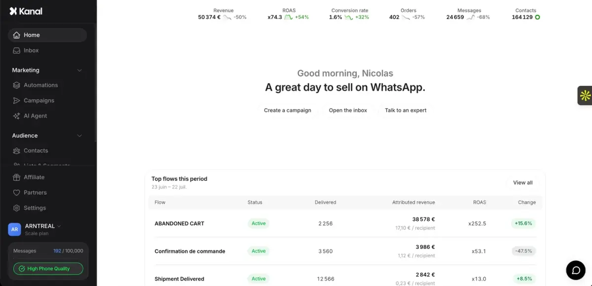 Kanal dashboard with the shared inbox for Instagram and WhatsApp conversations