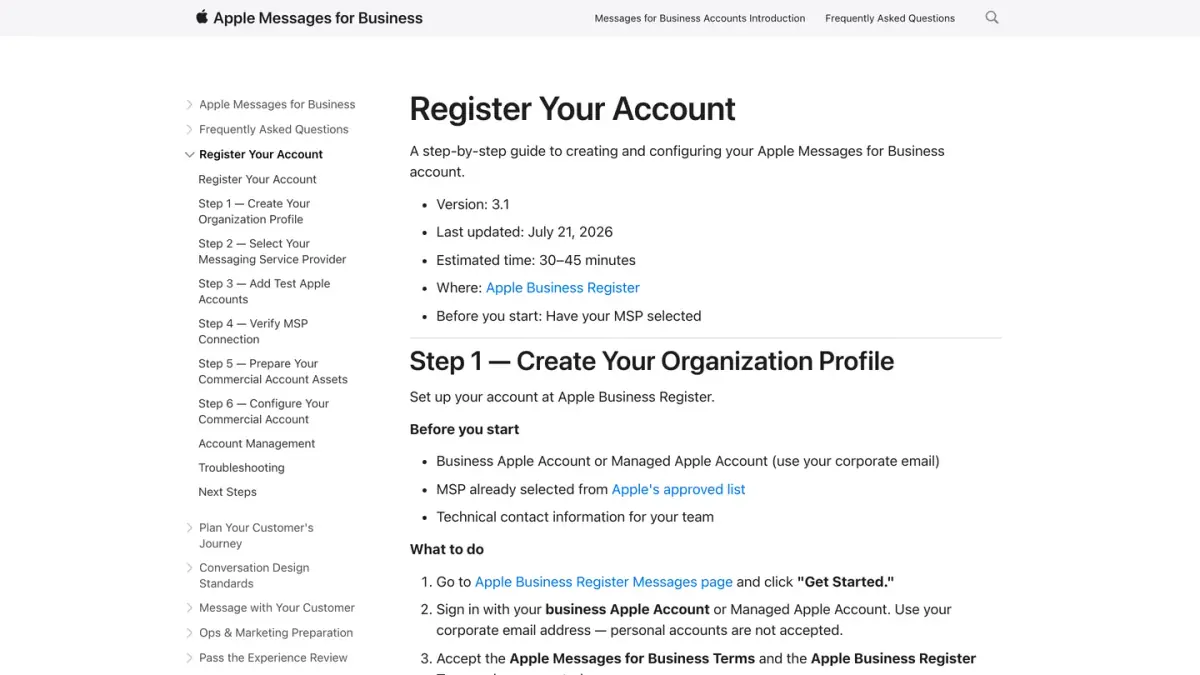 Apple Messages for Business documentation with the step by step guide to register an account