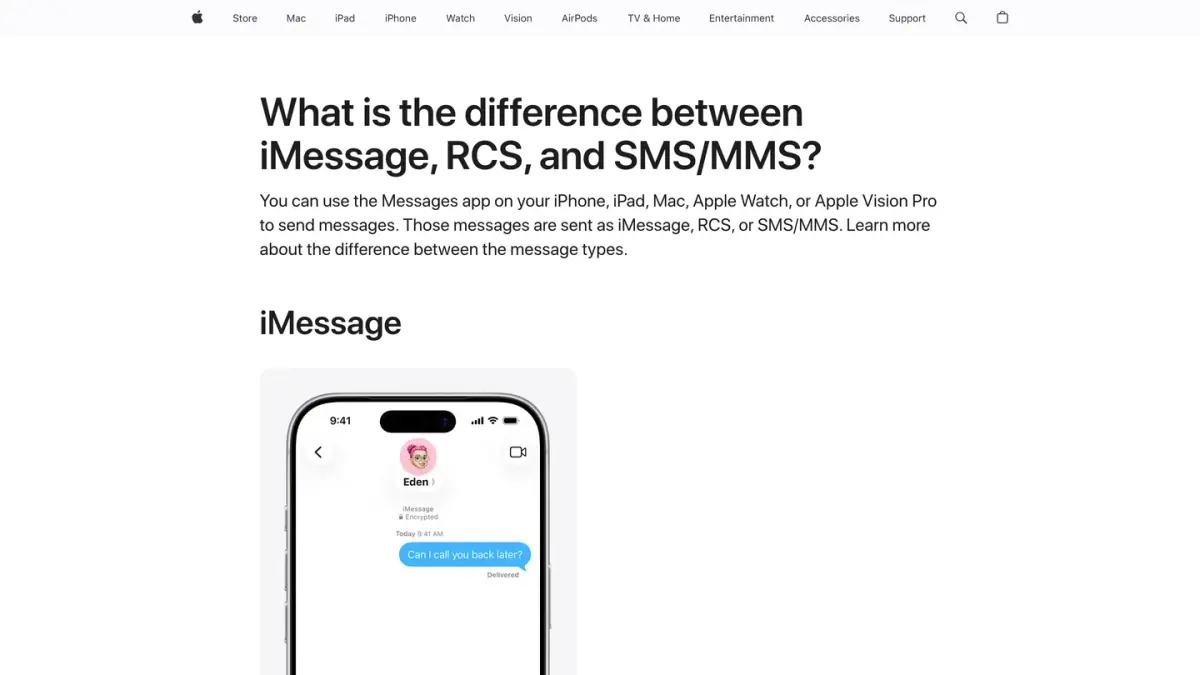 Apple Support page What is the difference between iMessage, RCS, and SMS/MMS