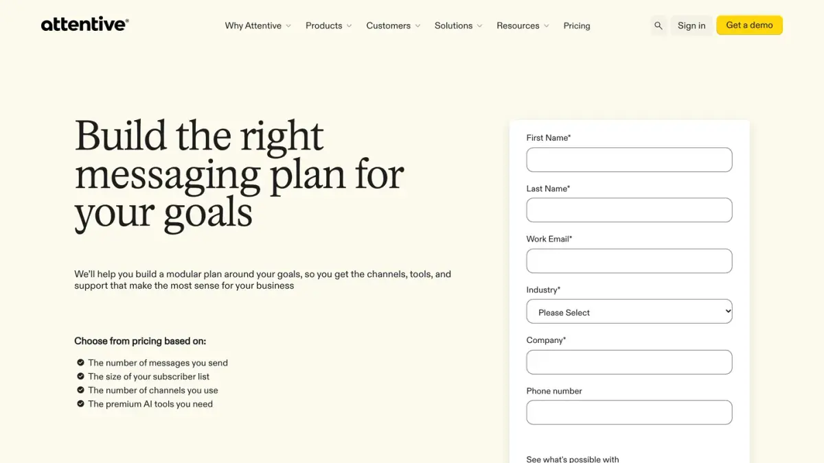 Attentive pricing page, which lists what pricing is based on and shows a contact form instead of prices
