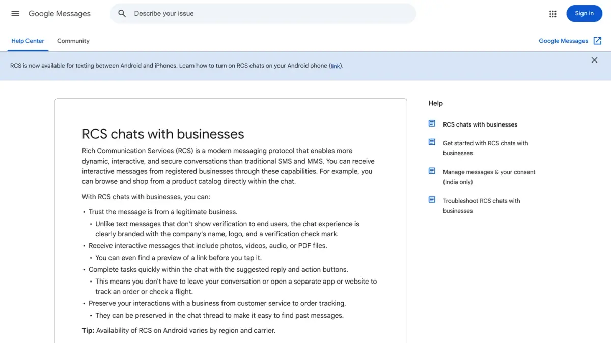 Google Messages Help page describing RCS chats with businesses and what users can do in them
