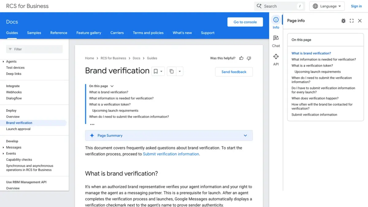Google's RCS for Business documentation page explaining brand verification before an agent can launch