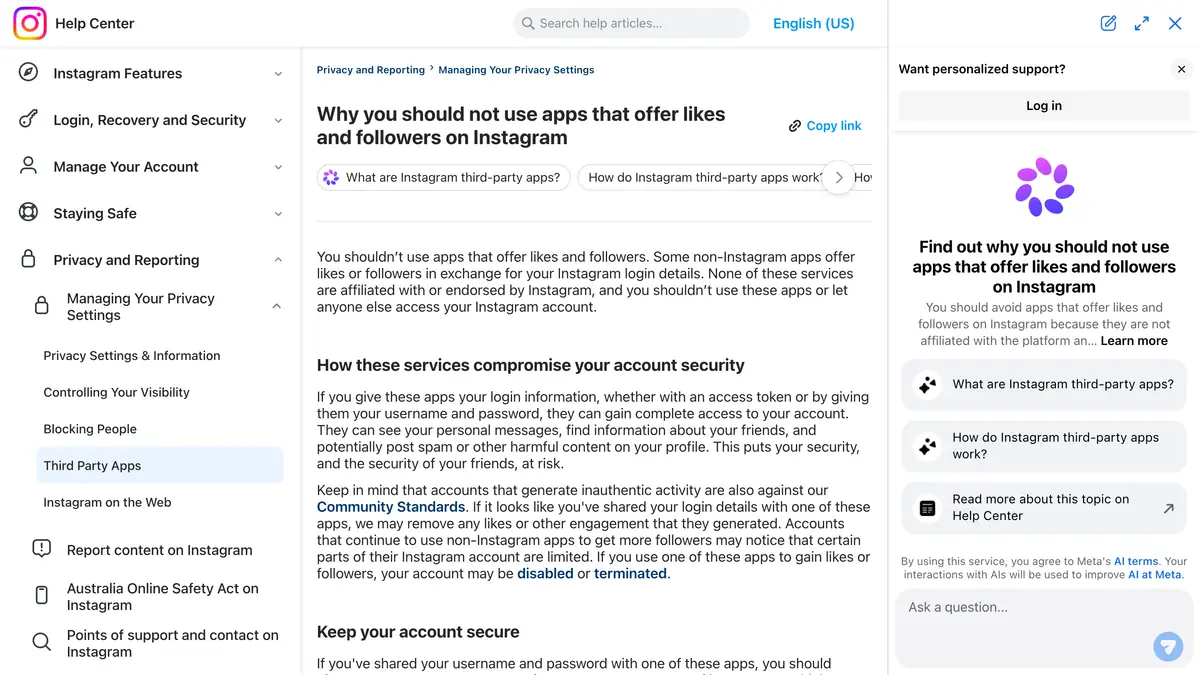Instagram Help Center article explaining why you should not use apps that offer likes and followers