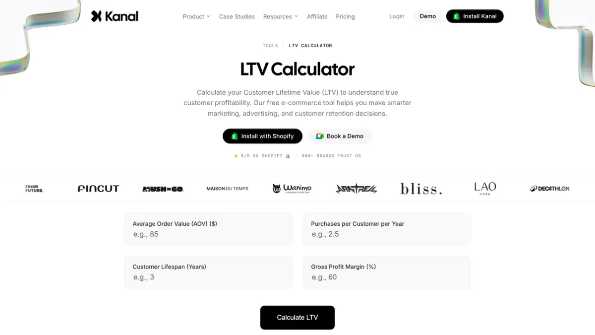 Kanal's customer lifetime value calculator, with order value, purchase frequency, lifespan and margin fields