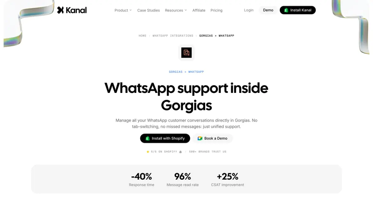 Kanal page for the Gorgias integration, which brings WhatsApp customer conversations into the Gorgias helpdesk