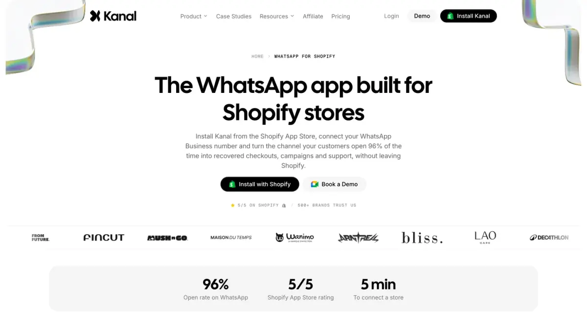Kanal page presenting its WhatsApp app for Shopify stores, with install and demo buttons