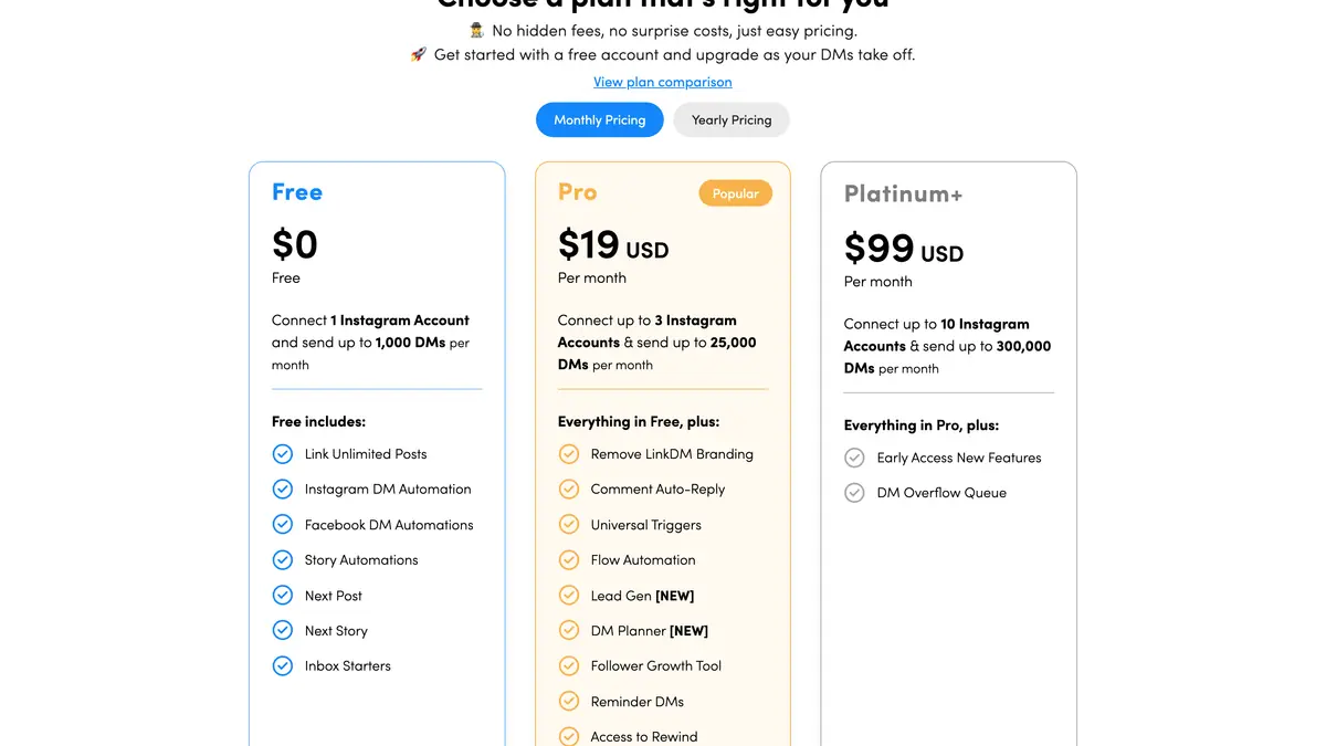 LinkDM pricing page with the Free, Pro and Platinum+ plan cards and their monthly DM limits, October 2026