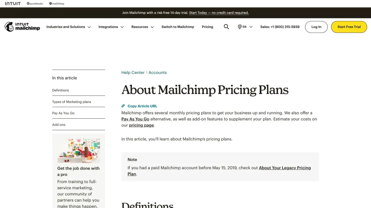 Mailchimp Help Center article about its pricing plans, pay as you go credits and add-ons