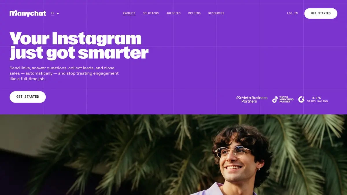 ManyChat's Instagram product page, which lists sending links and replying to comments and DMs automatically, October 2026