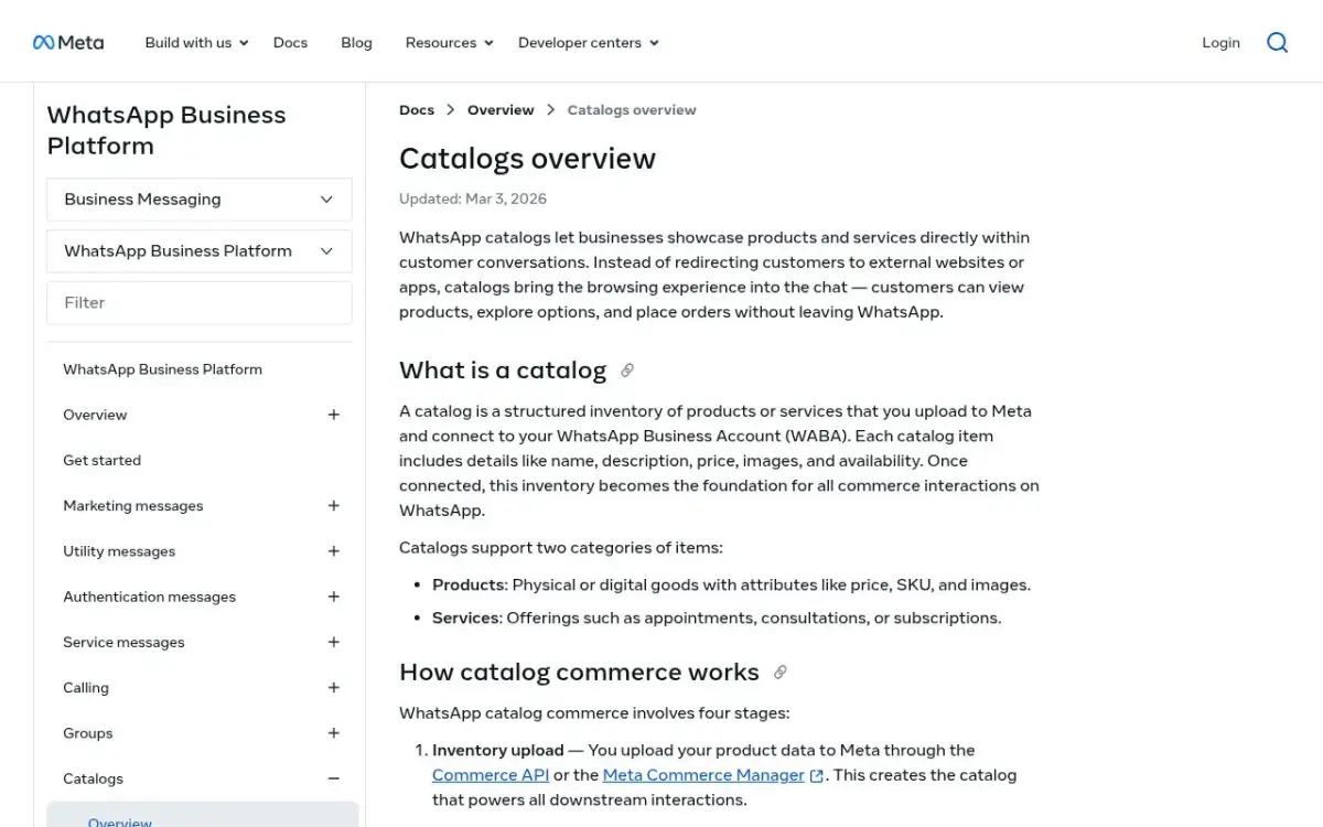 Meta documentation page for the WhatsApp Business catalog product feed