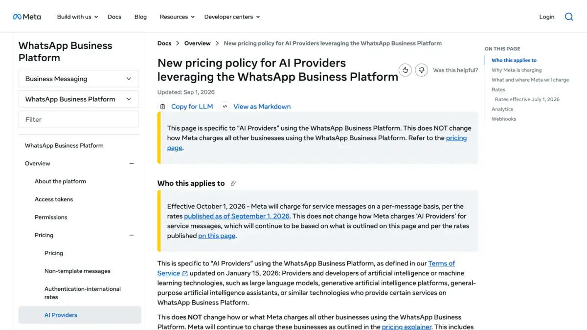 Meta developer documentation page on the pricing policy for AI providers on the WhatsApp Business Platform