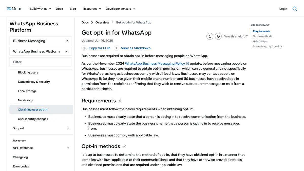 Meta developer documentation page on getting opt-in for WhatsApp, with the requirements businesses must follow