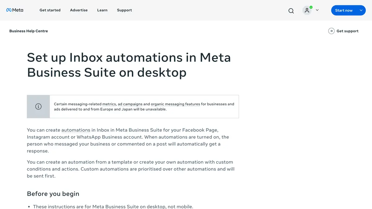 Meta Business Help Center page explaining how to set up Inbox automations in Meta Business Suite on desktop