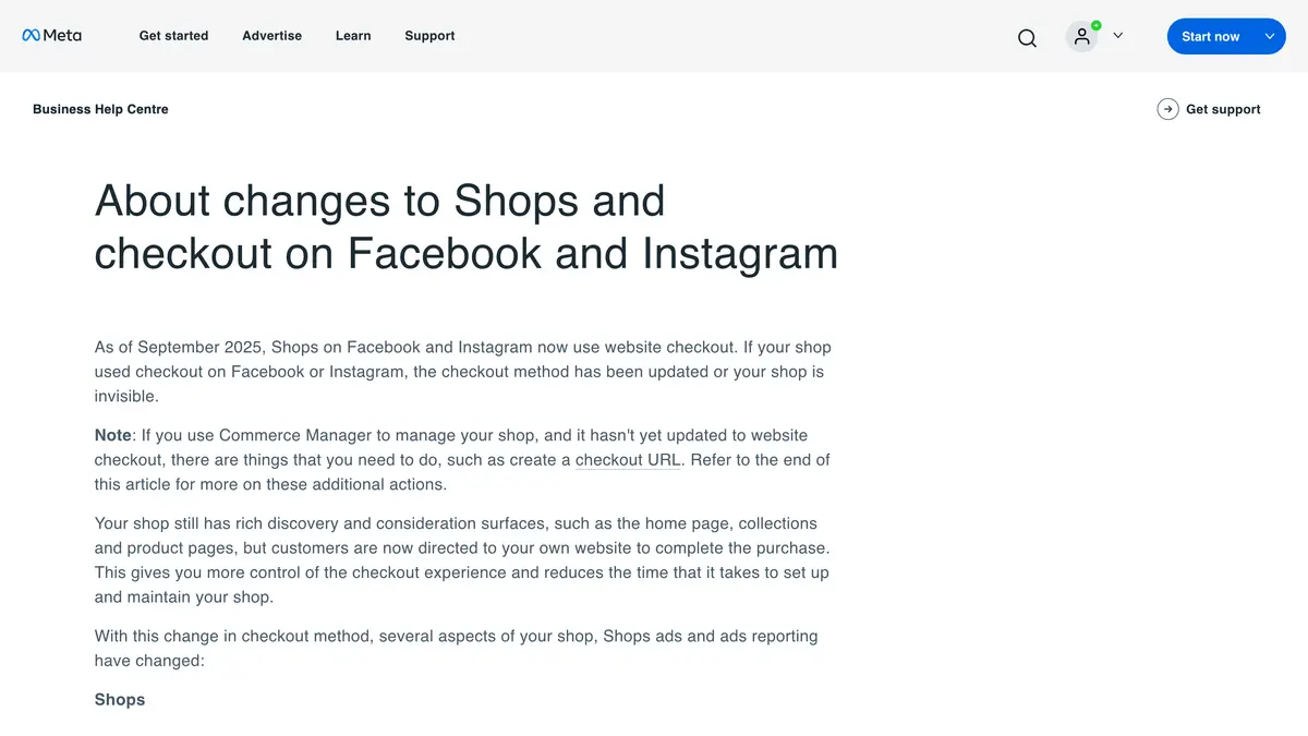 Meta Business Help Center page about the changes to Shops and checkout on Facebook and Instagram