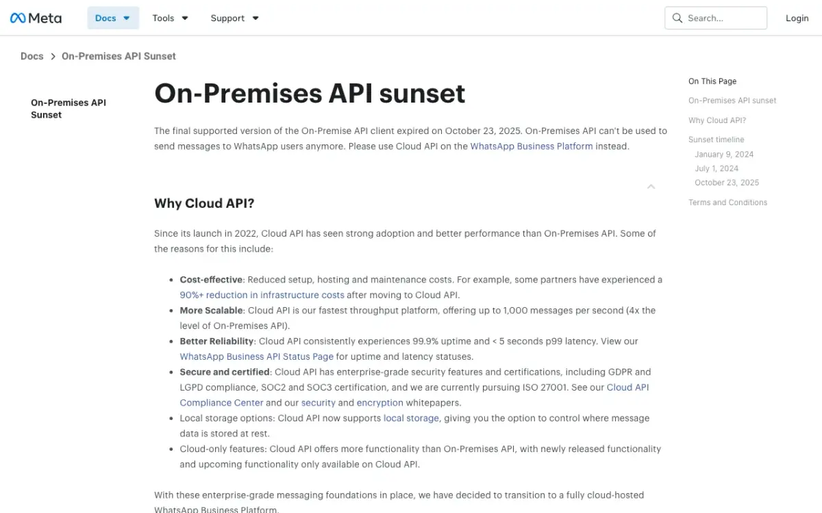 Meta's On-Premises API sunset page: the final supported version of the client expired on October 23, 2025