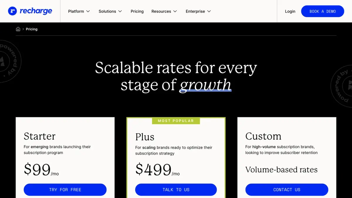 Recharge pricing page with the Starter plan at 99 dollars, Plus at 499 dollars and a Custom plan