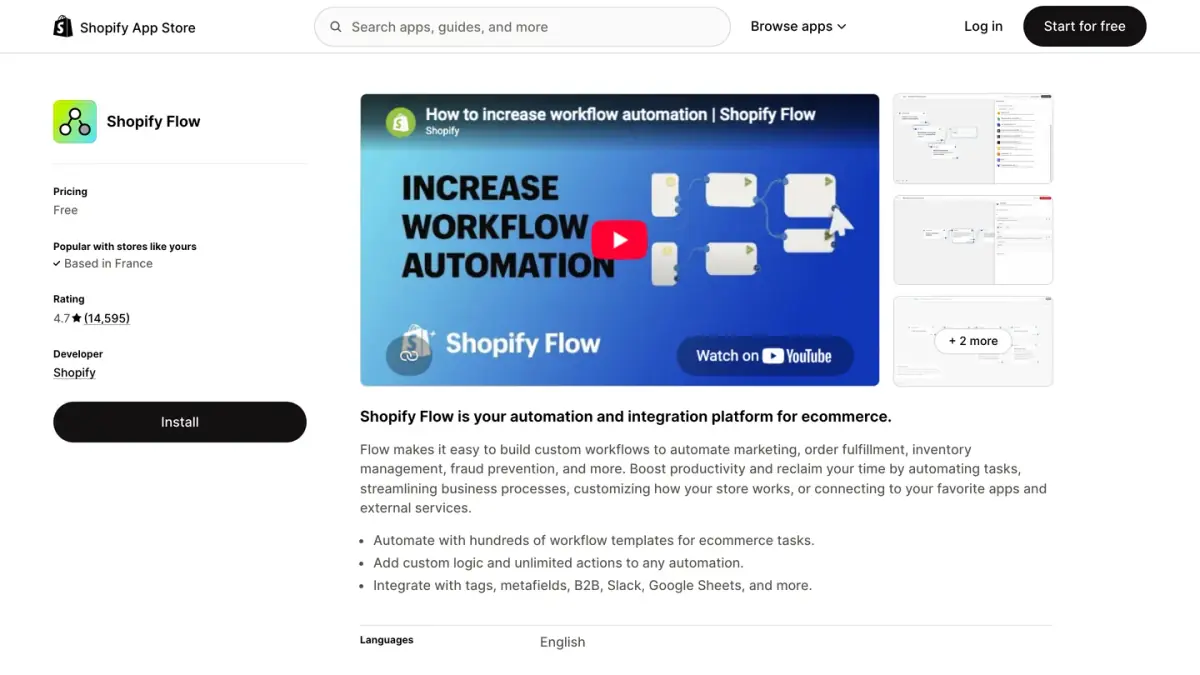 Shopify Flow app listing on the Shopify App Store, with its free pricing, rating and description