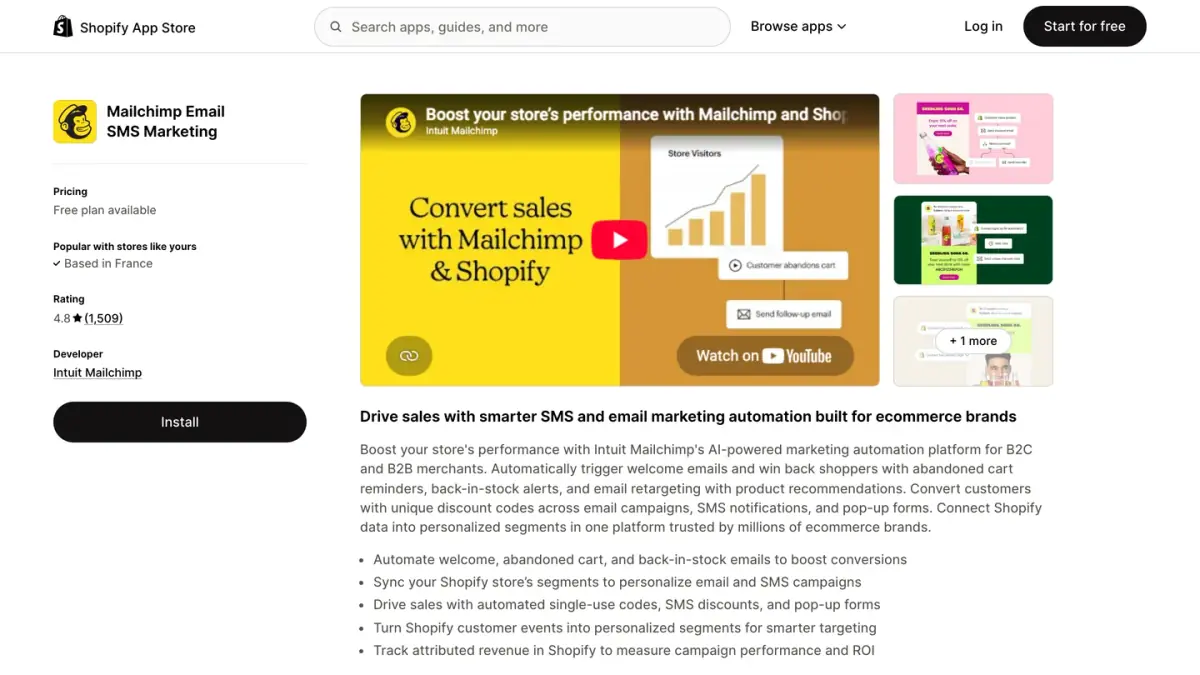 Mailchimp Email and SMS Marketing app listing on the Shopify App Store with its rating and pricing