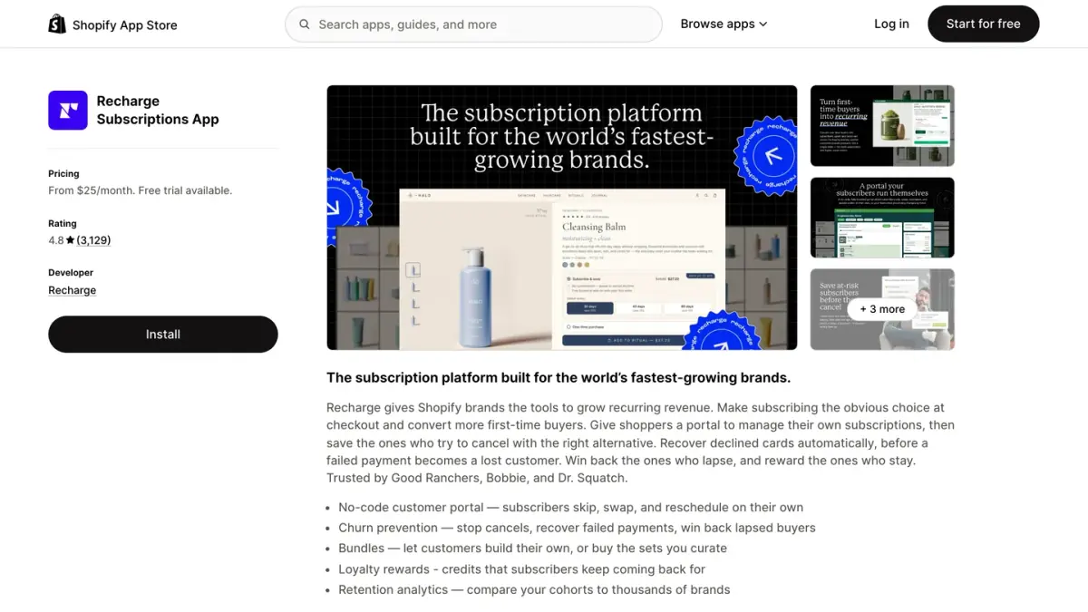 Recharge Subscriptions app listing on the Shopify App Store with its starting price and rating