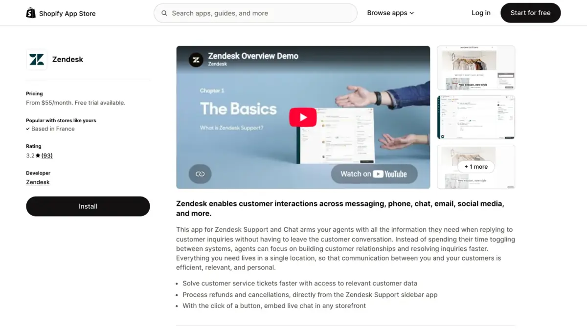 Zendesk app listing on the Shopify App Store with its starting price, rating and description