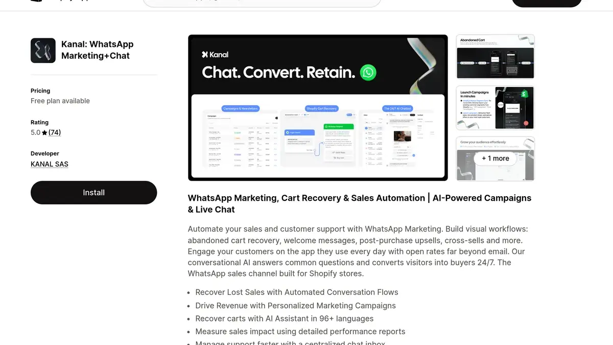 Kanal listing on the Shopify App Store