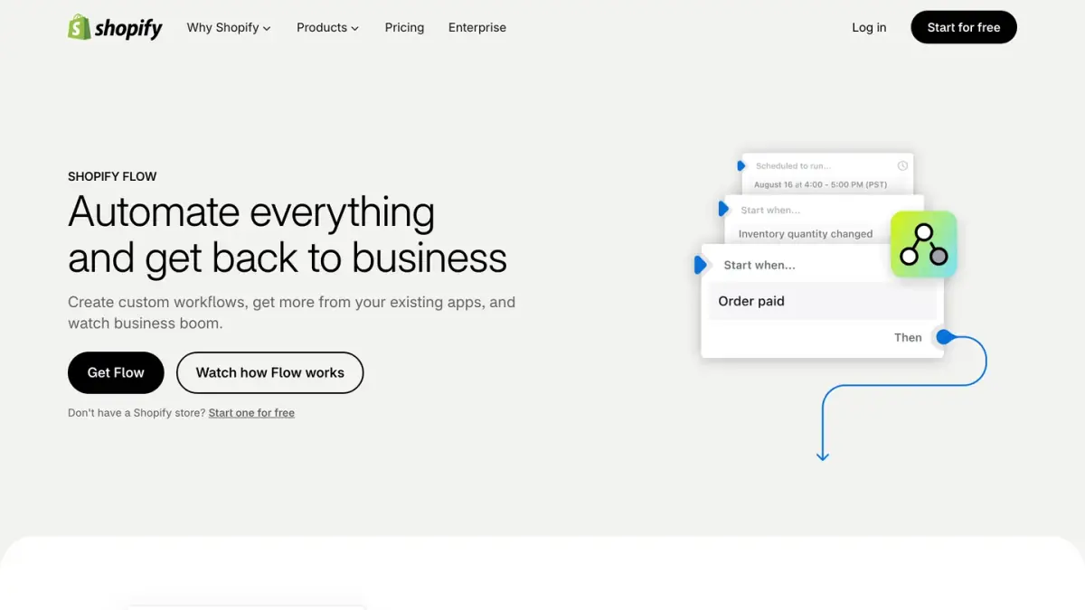 Shopify Flow product page, presenting the tool to create custom workflows and automate tasks