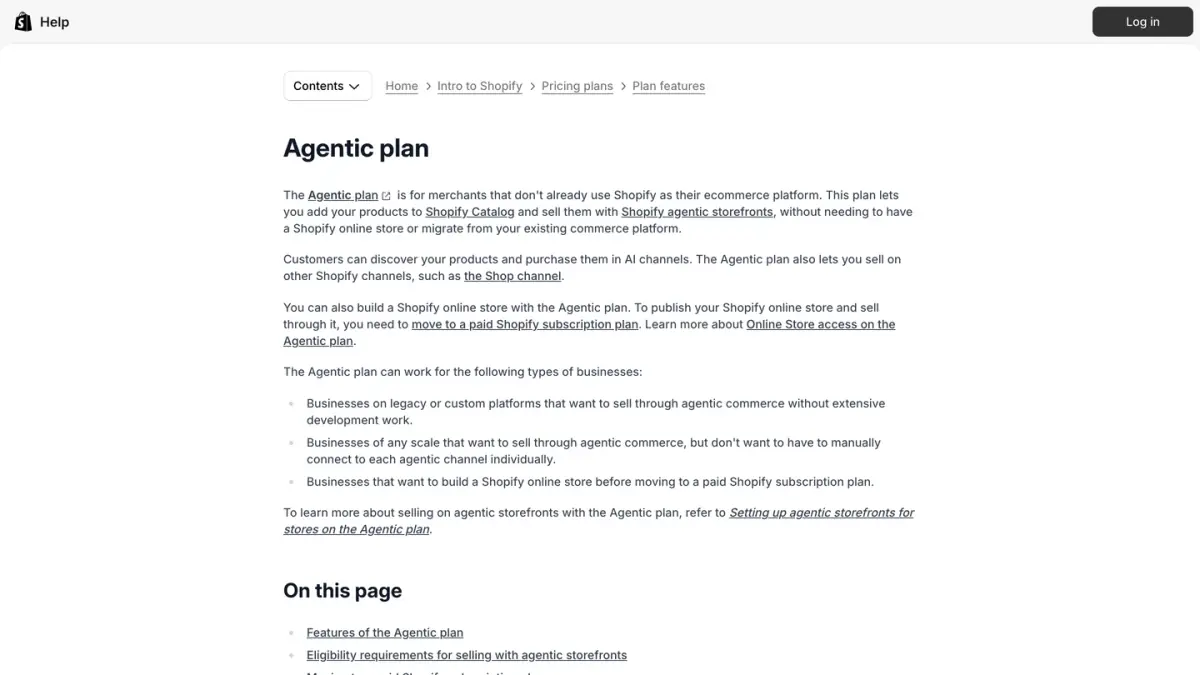 Shopify Help Center page describing the Agentic plan for merchants who sell in AI channels