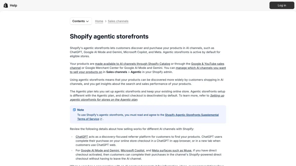 Shopify Help Center page on agentic storefronts, the setting that manages AI sales channels