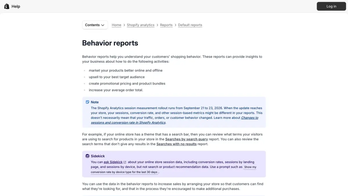 Shopify Help Center page about behavior reports, which include the conversion rate reports