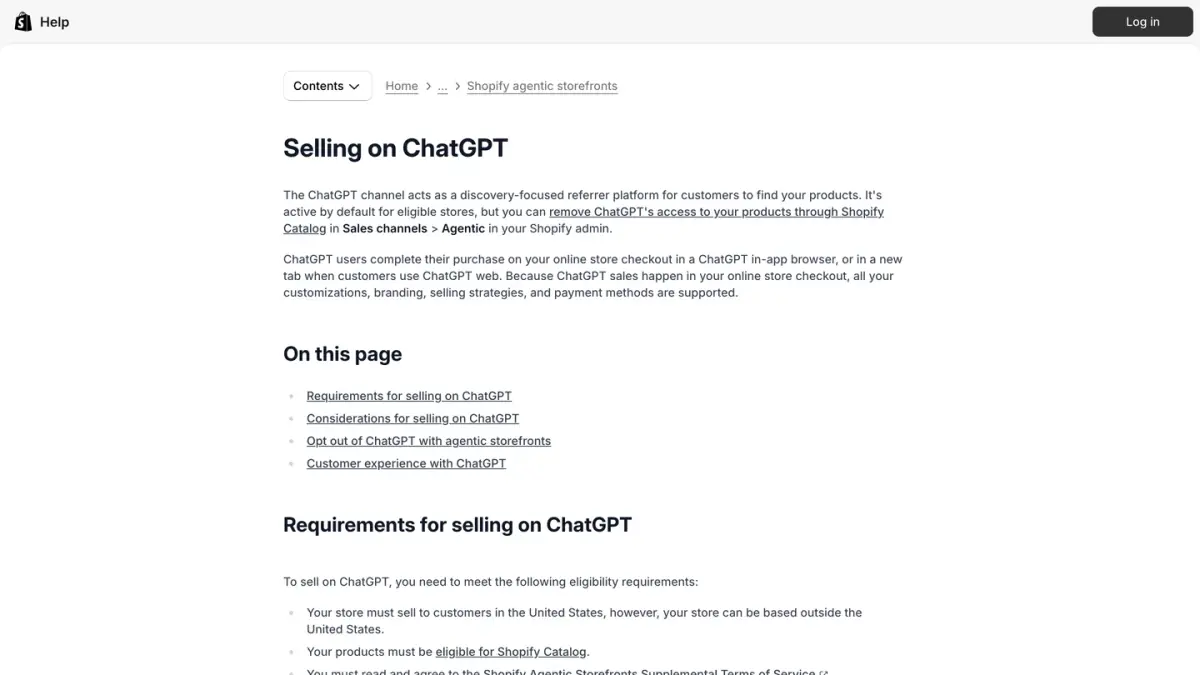 Shopify Help Center page on selling on ChatGPT, with the requirements and the customer experience