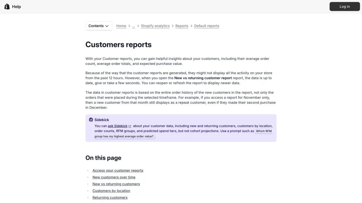 Shopify Help Center page about customers reports, including new versus returning customers