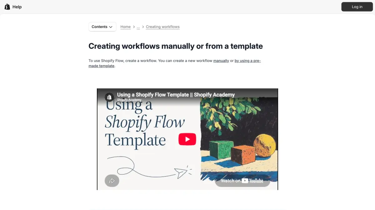 Shopify Help Center page on creating workflows manually or from a template in Shopify Flow