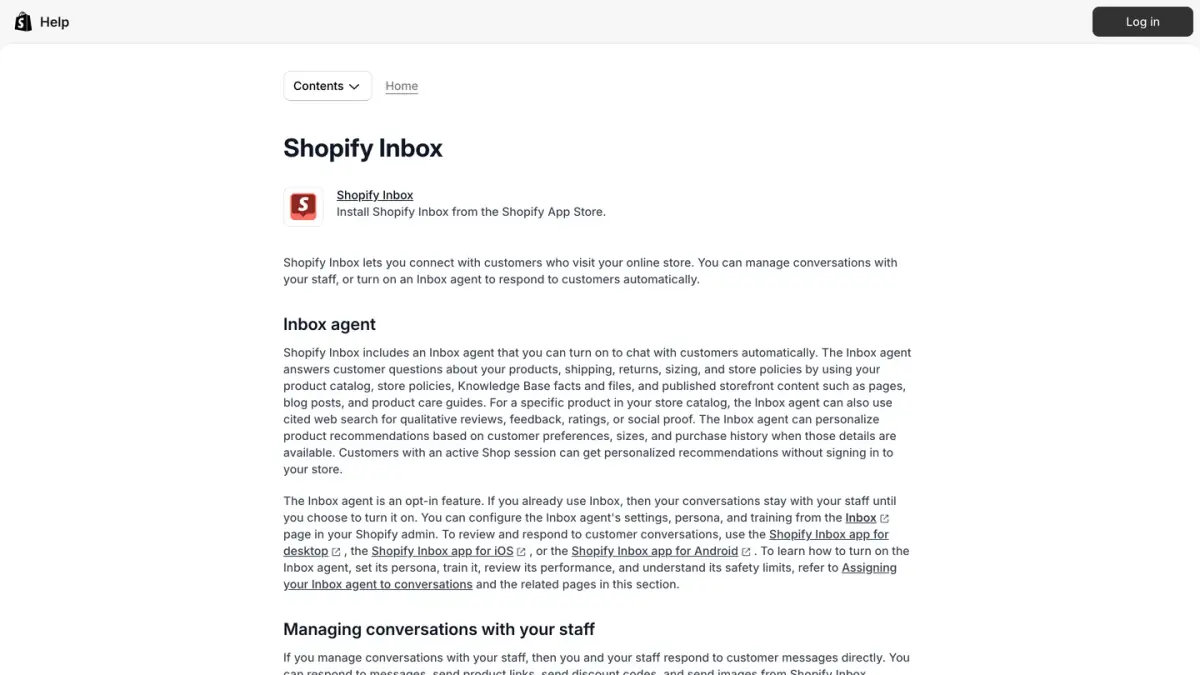 Shopify Help Center section for Shopify Inbox, with the guides to set up and manage customer chats