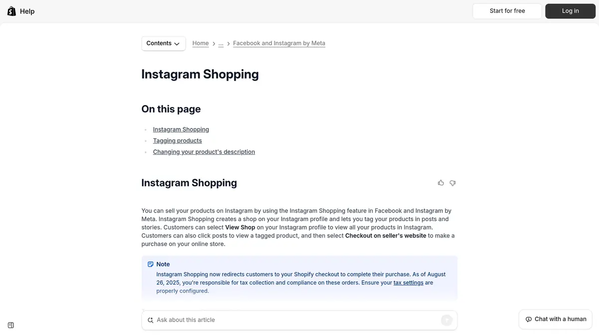 Shopify Help Center page on Instagram Shopping, with the note on the redirect to the Shopify checkout