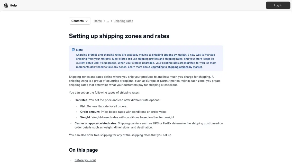 Shopify Help Center page on setting up shipping zones and rates, with flat and calculated rates