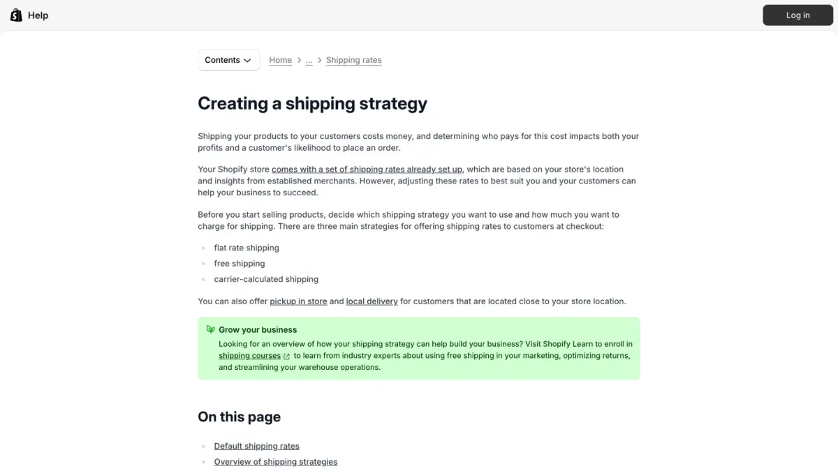 Shopify Help Center page on creating a shipping strategy: flat rate, free or carrier calculated shipping
