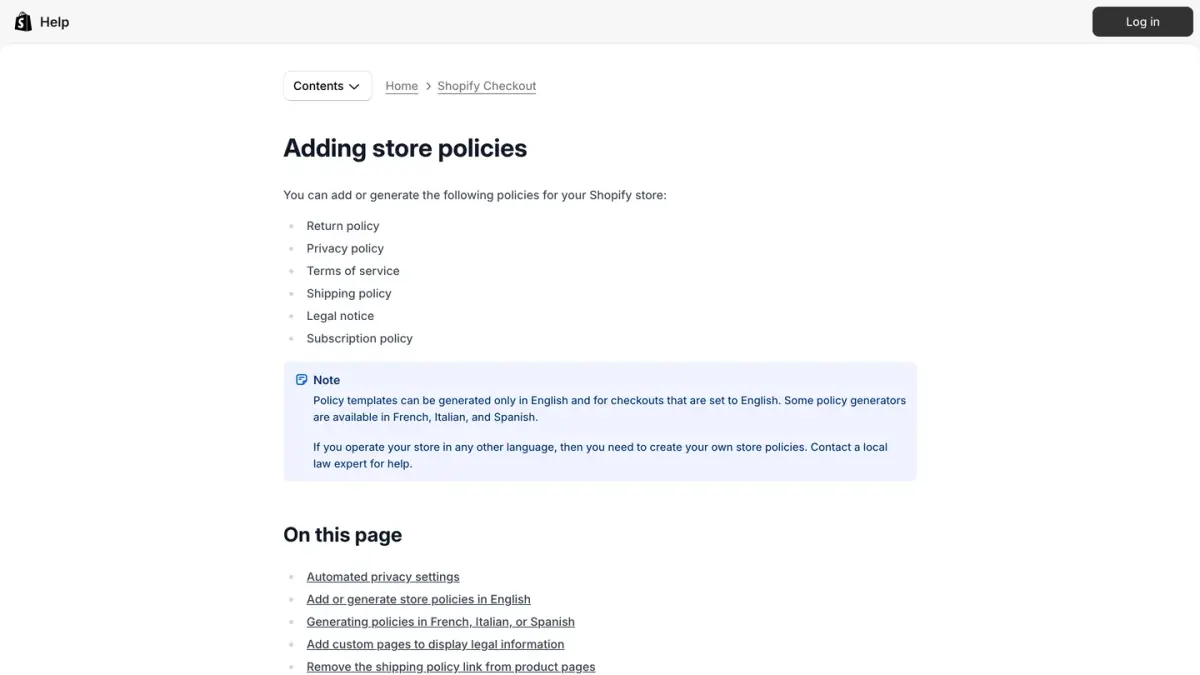 Shopify Help Center page on adding store policies, including the return policy and other legal pages