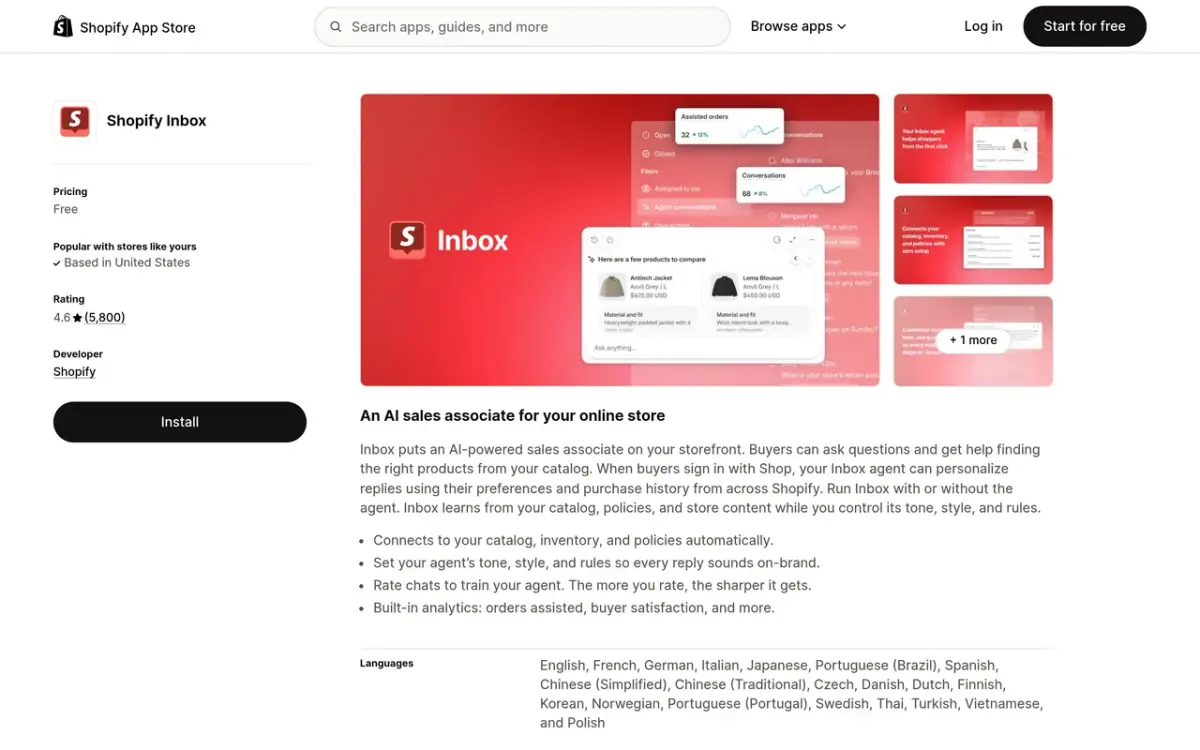 Shopify Inbox app listing on the Shopify App Store, described as an AI sales associate for a store