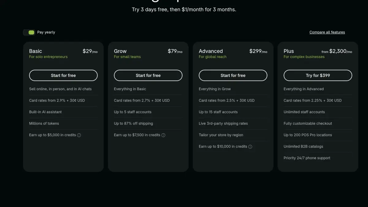Shopify pricing page with the Basic, Grow, Advanced and Plus plan cards in US dollars, October 2026