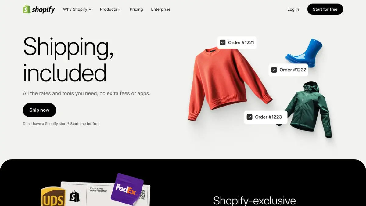 Shopify Shipping product page, presenting the shipping rates and label tools included with Shopify