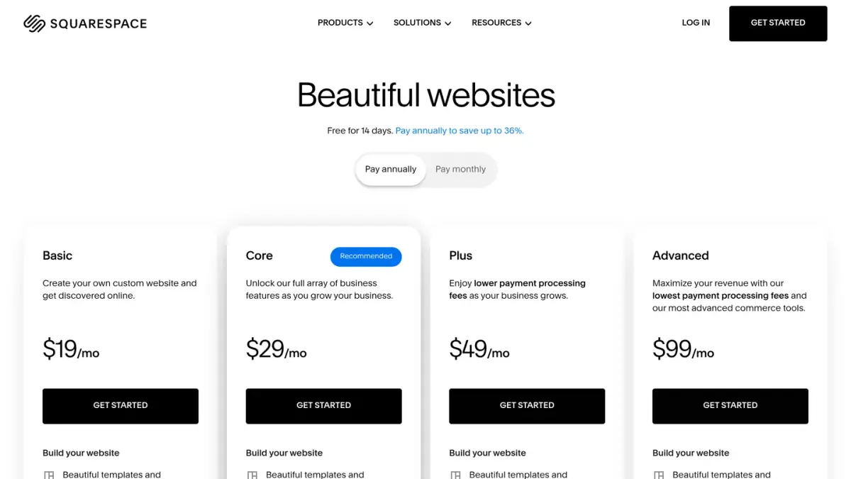 Squarespace pricing page with the Basic, Core, Plus and Advanced plans in US dollars, billed annually