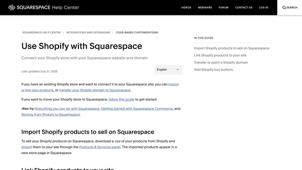 Squarespace Help Center guide on using a Shopify store with a Squarespace website and domain