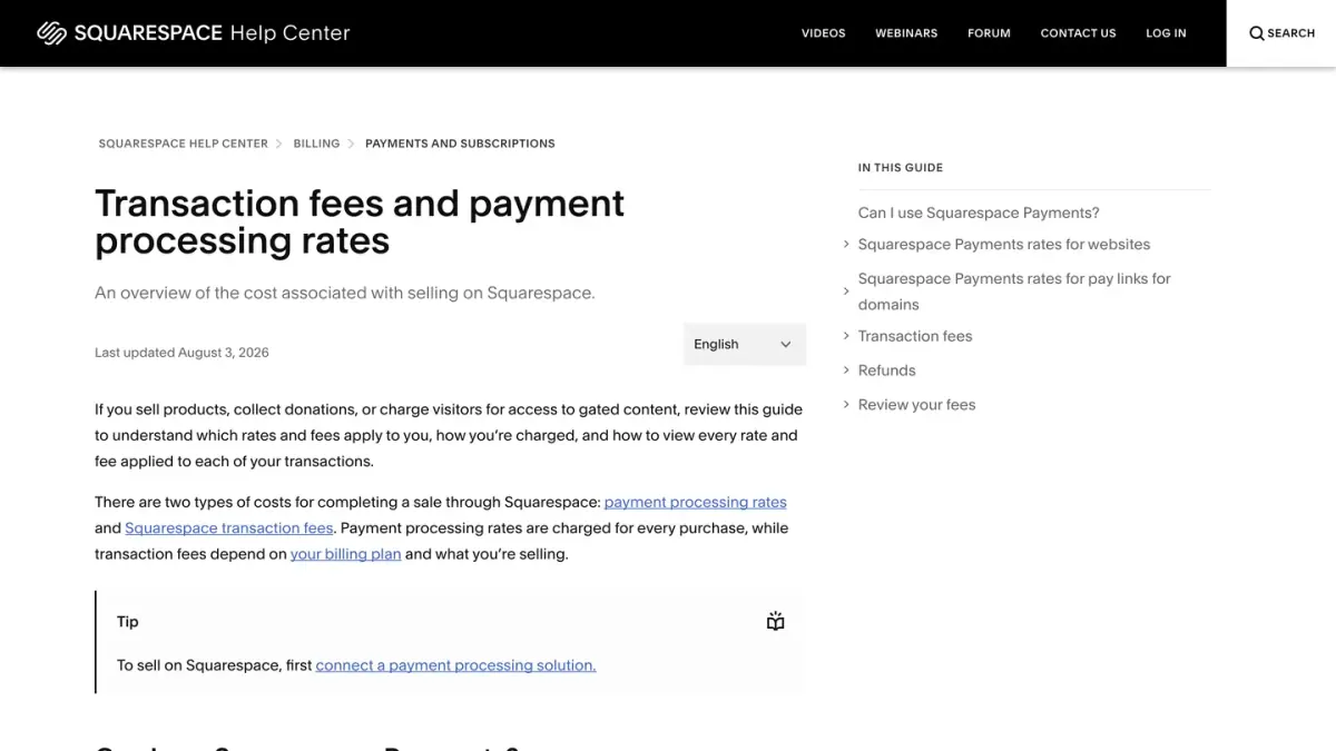 Squarespace Help Center article on transaction fees and payment processing rates for selling on Squarespace