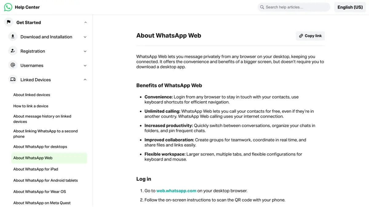 WhatsApp Help Center page About WhatsApp Web, the browser version of WhatsApp