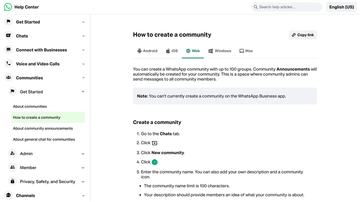 WhatsApp Help Center page on how to create a community, with the note about the WhatsApp Business app