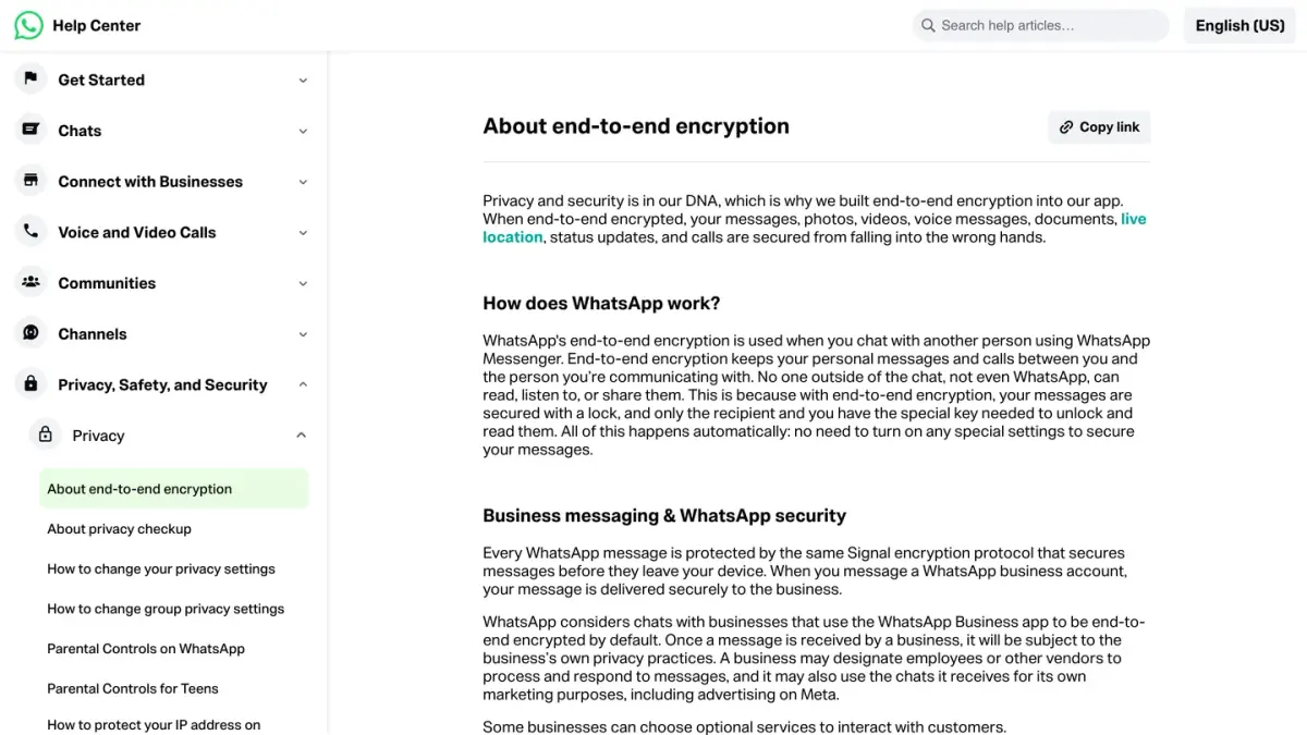 WhatsApp Help Center page About end-to-end encryption of personal messages and calls