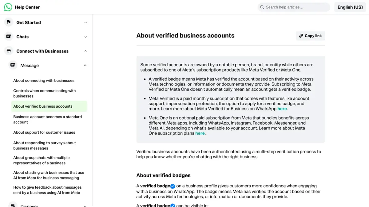 WhatsApp Help Center article about verified business accounts and what the verified badge means