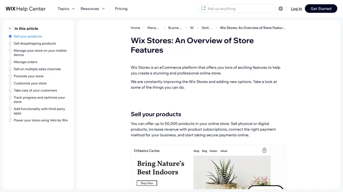 Wix Help Center overview of Wix Stores features, starting with the products a store can sell